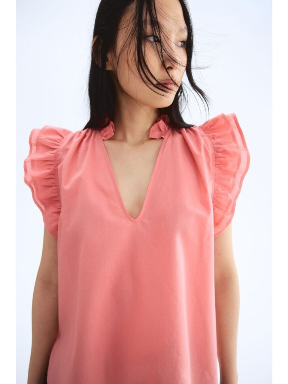 H&M Coral Ruffle Trimmed Blouse Top Shirt Lightweight Cotton Size M Summer